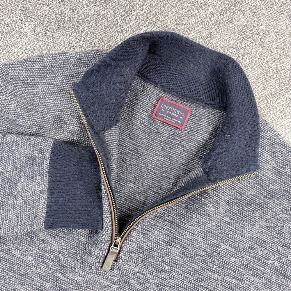 UNTUCKit Mens XL Extra Fine Merino Wool Quarter Zip Sweater Navy Grey Textured